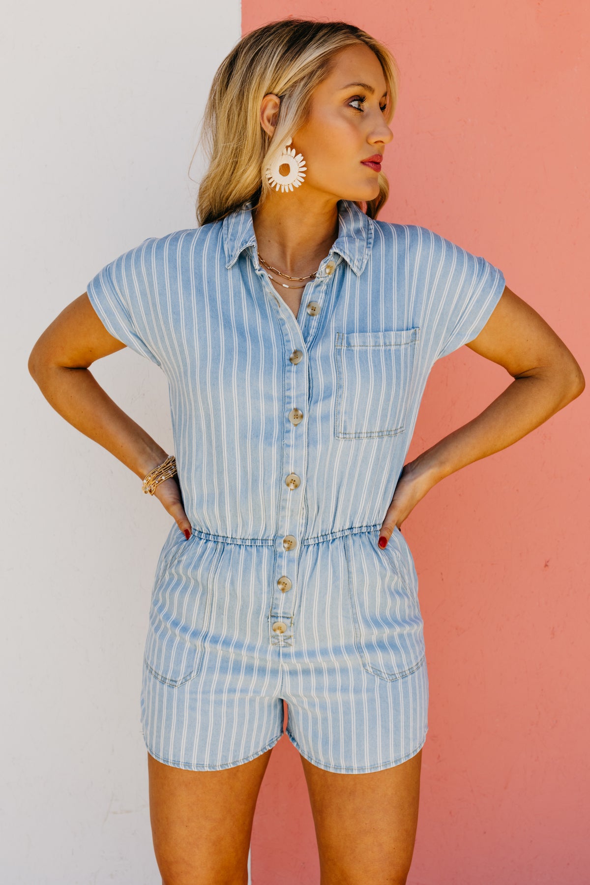 The Adelina Chambray Striped Button Down Romper