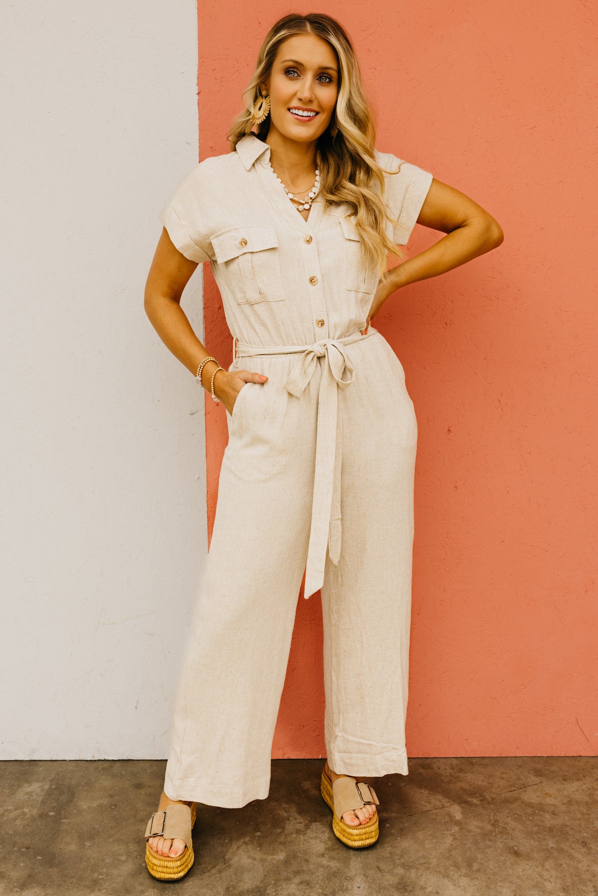 The Erin Button Down Belted Wide Leg Jumpsuit