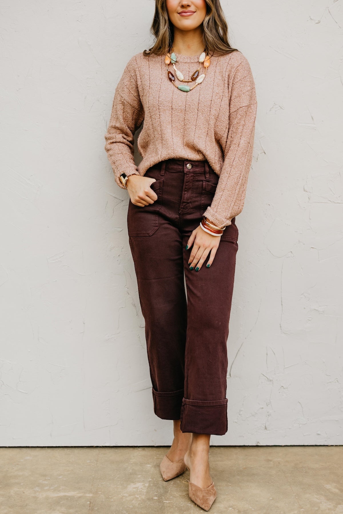 Risen Denim | High Rise Wide Straight Cuffed Patch Pocket