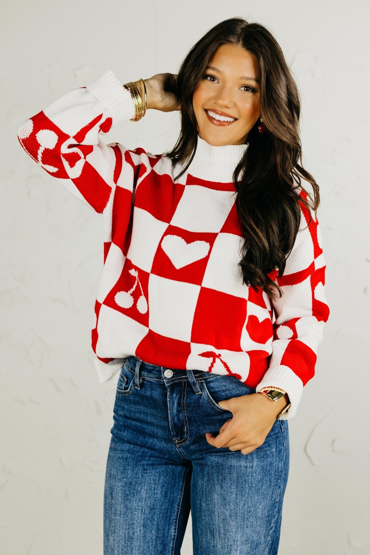 The Maisie Checkered Heart and Cherry Sweater | MOD Boutique