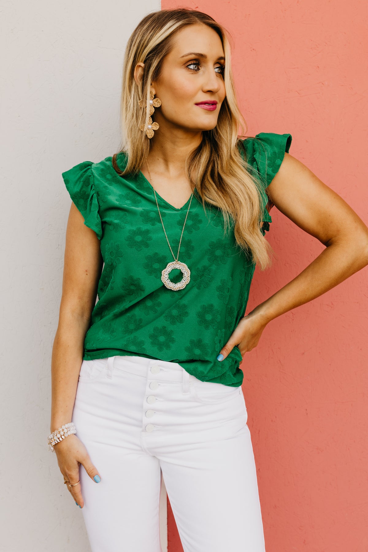 The Hendrix Ruffle Sleeve Embossed Floral Top