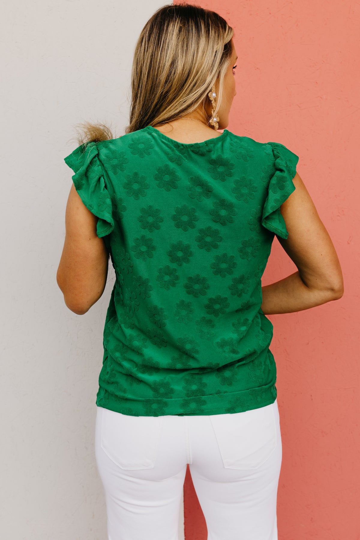 The Hendrix Ruffle Sleeve Embossed Floral Top