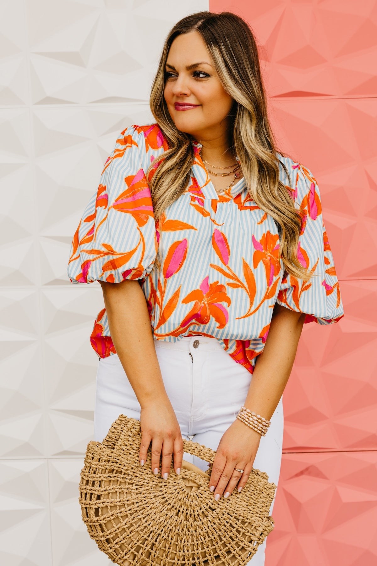 The Uriah Striped Floral Puff Sleeve Top