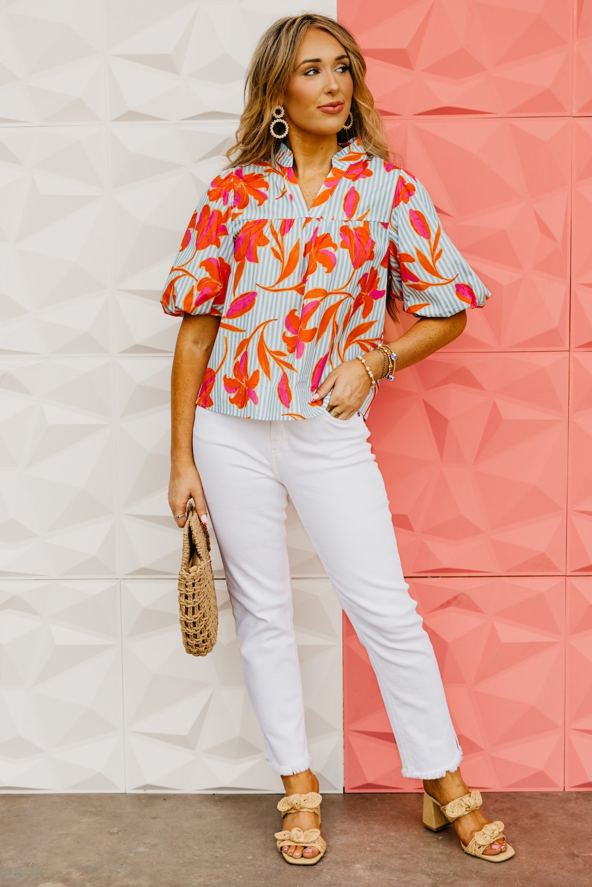 The Uriah Striped Floral Puff Sleeve Top