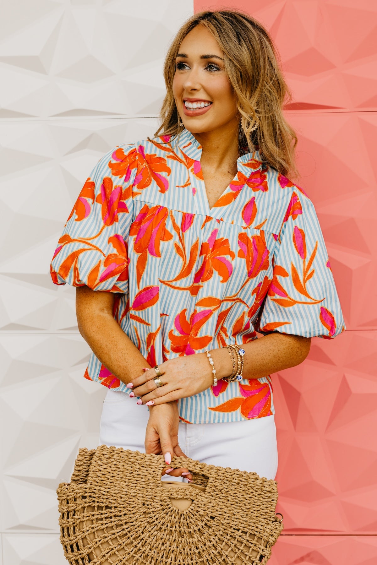 The Uriah Striped Floral Puff Sleeve Top