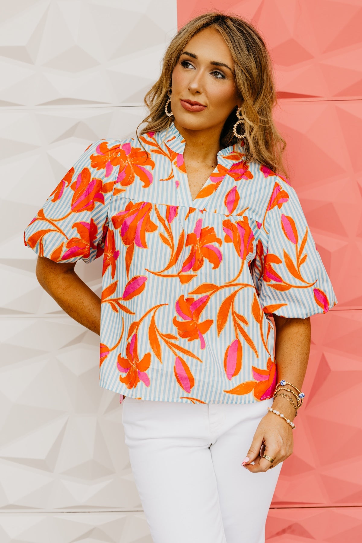 The Uriah Striped Floral Puff Sleeve Top