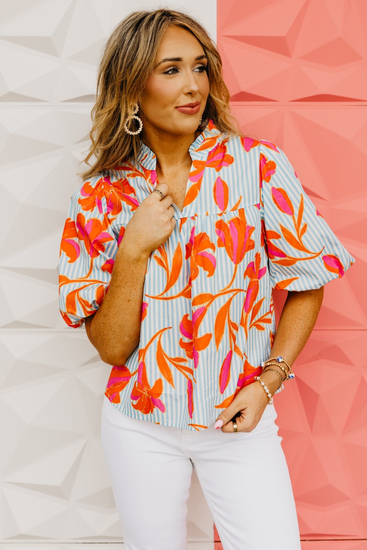 The Uriah Striped Floral Puff Sleeve Top