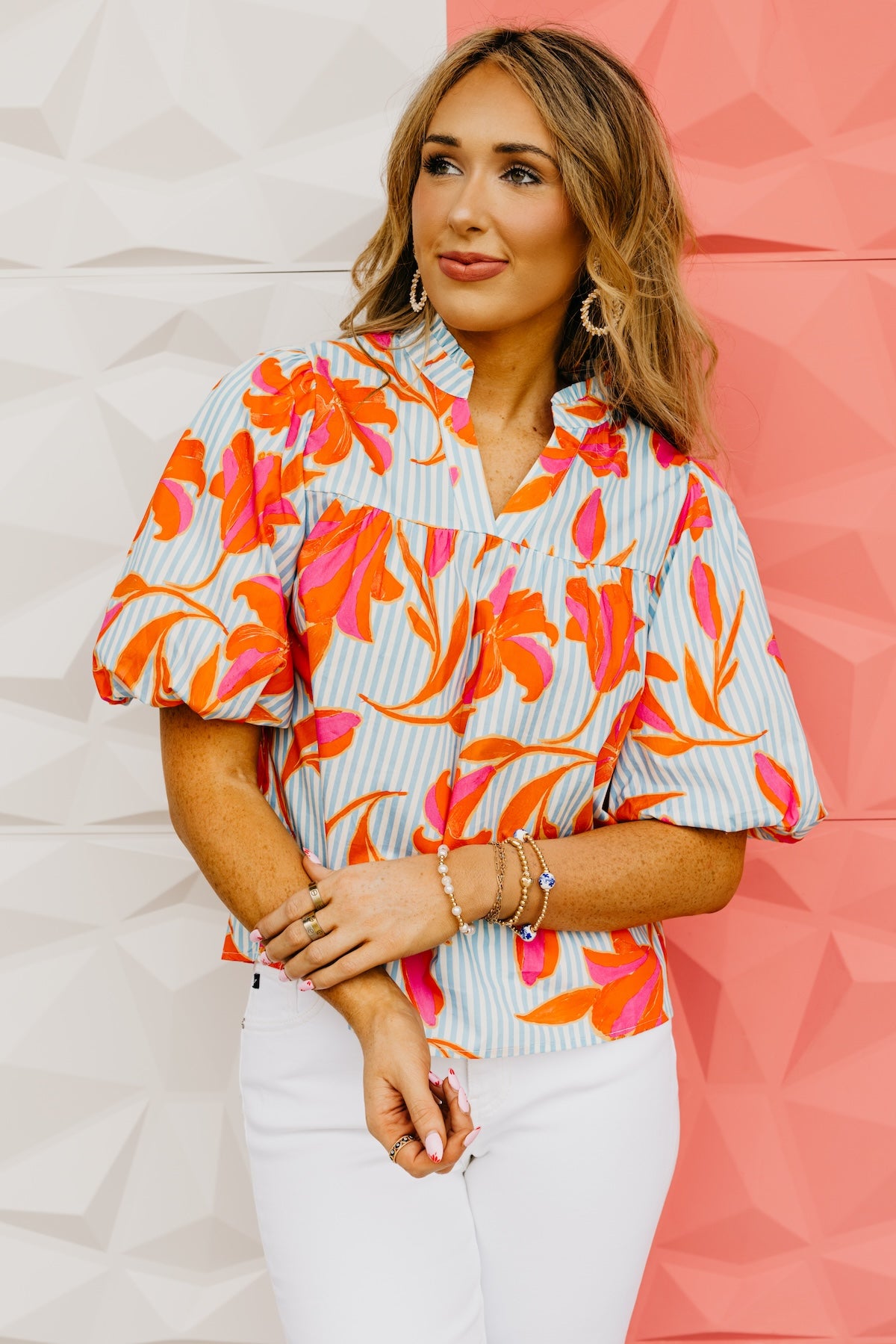 The Uriah Striped Floral Puff Sleeve Top