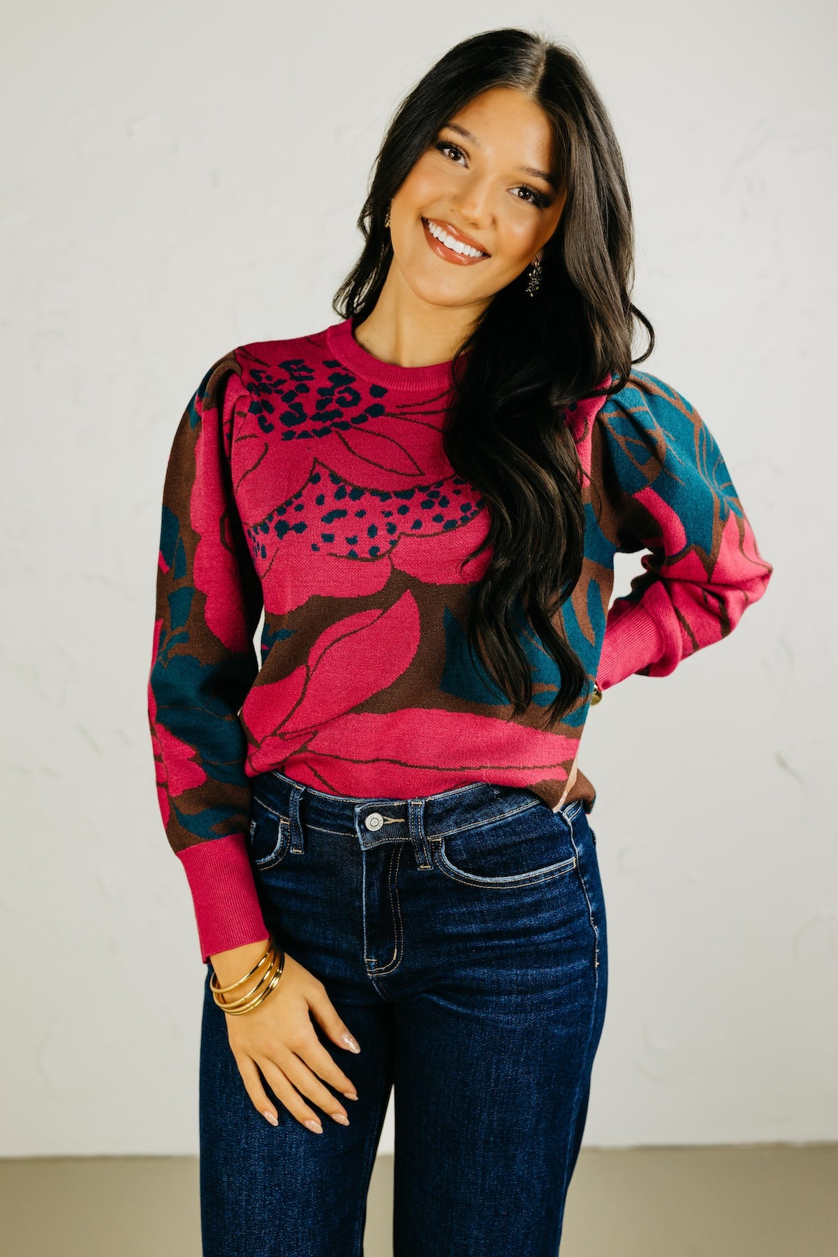 The Zinnia Floral Gathered Shoulder Sweater | MOD Boutique