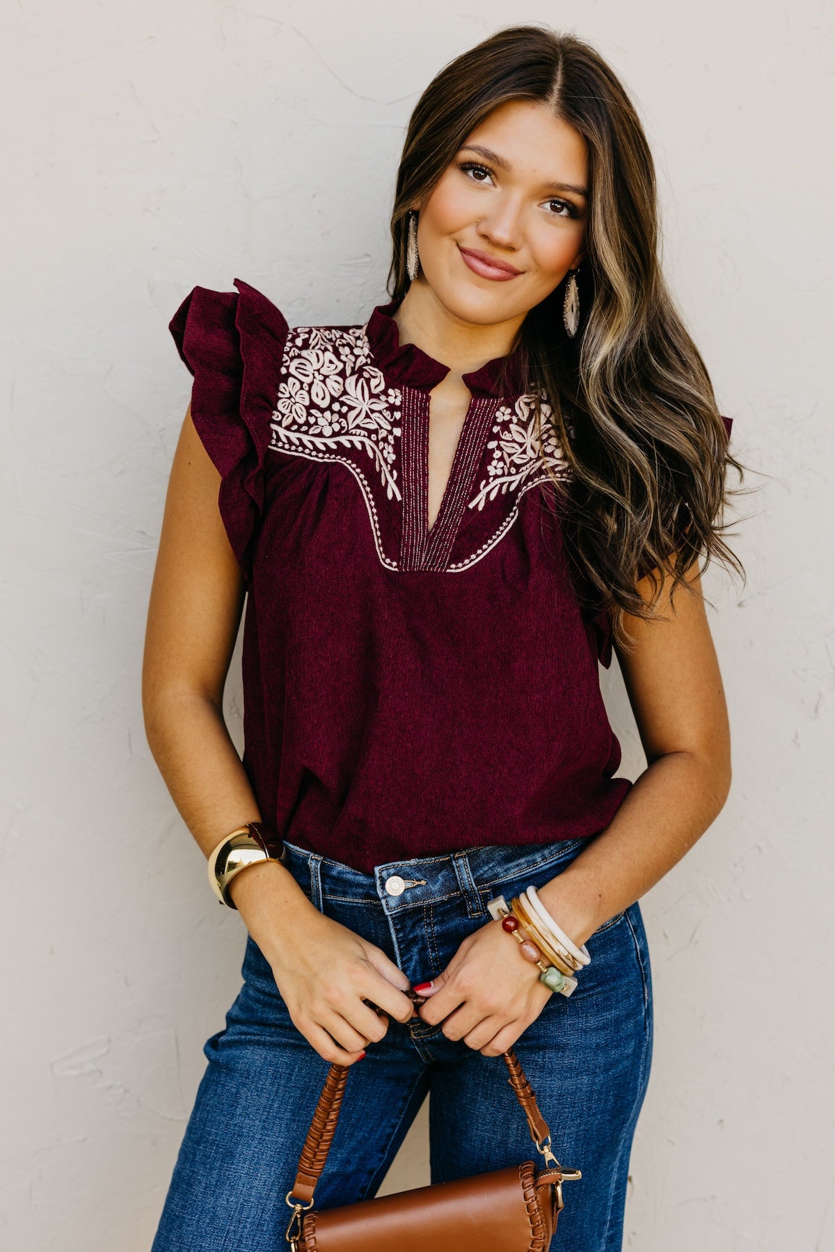 The Kylie Flutter Sleeve Embroidered Top