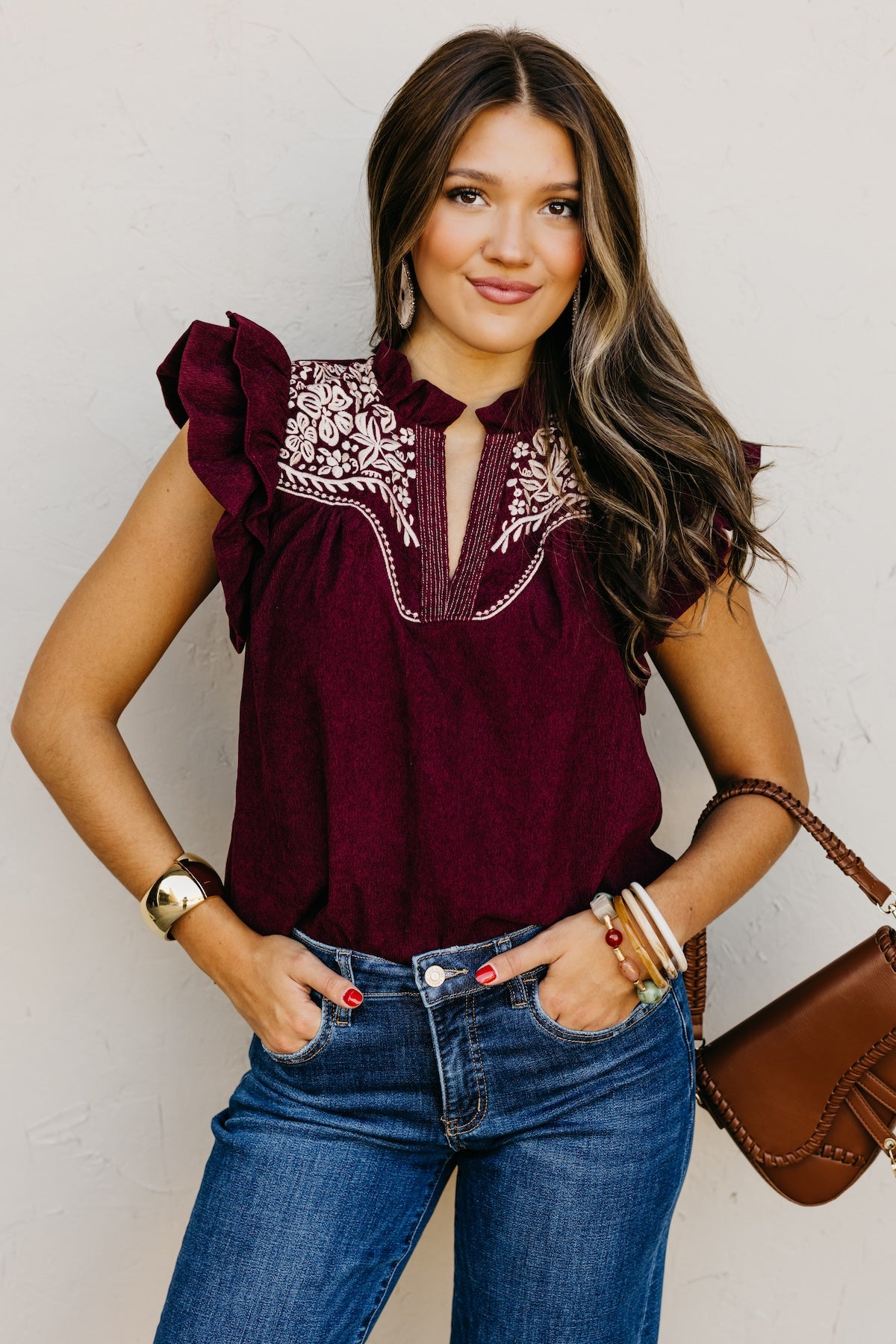 The Kylie Flutter Sleeve Embroidered Top