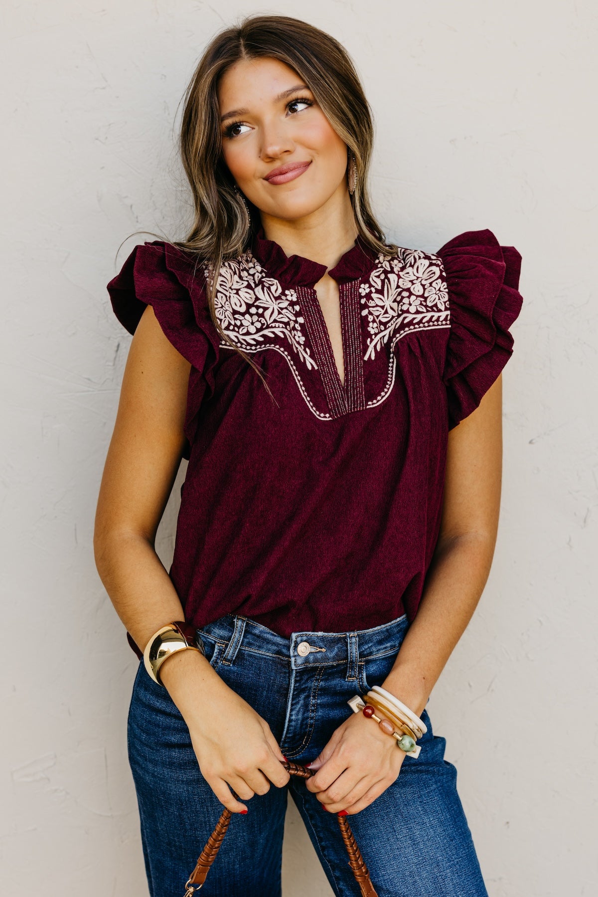 The Kylie Flutter Sleeve Embroidered Top