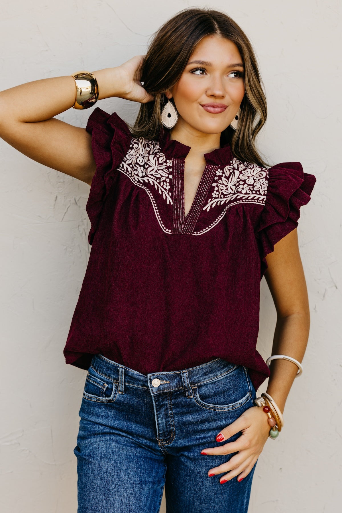 The Kylie Flutter Sleeve Embroidered Top