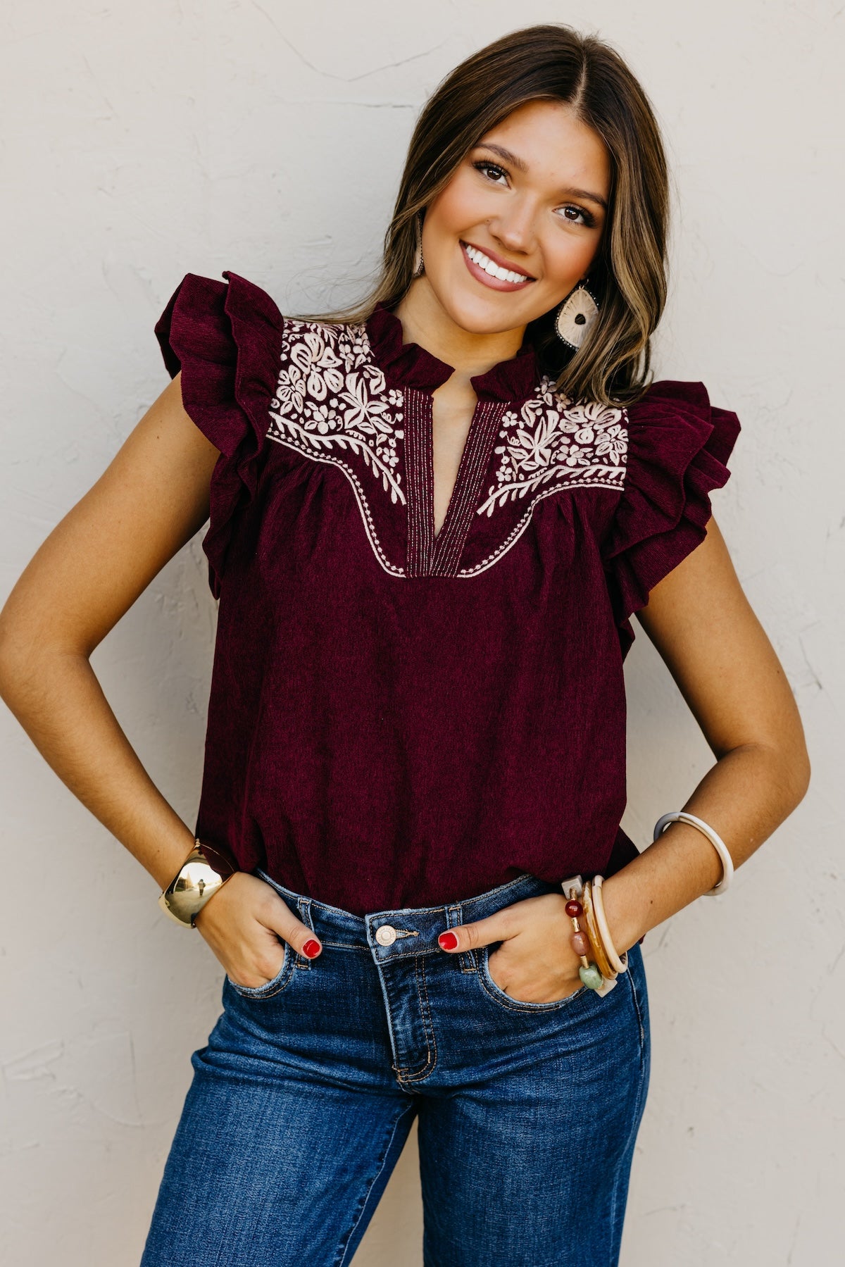 The Kylie Flutter Sleeve Embroidered Top