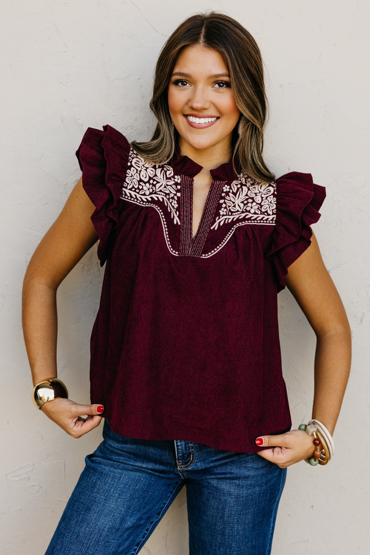 The Kylie Flutter Sleeve Embroidered Top