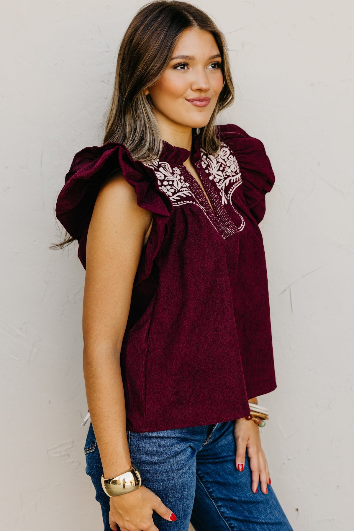 The Kylie Flutter Sleeve Embroidered Top