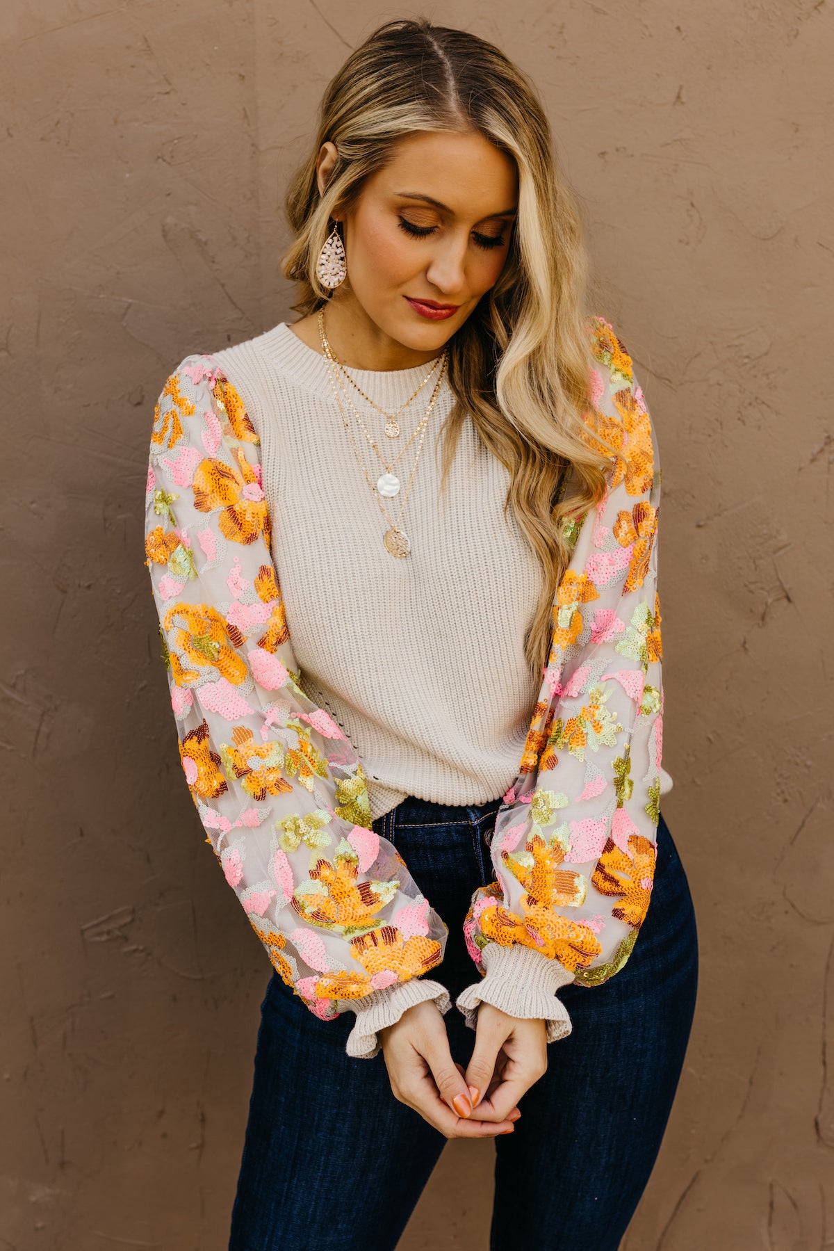 The Adrian Floral Sequin Sleeve Sweater