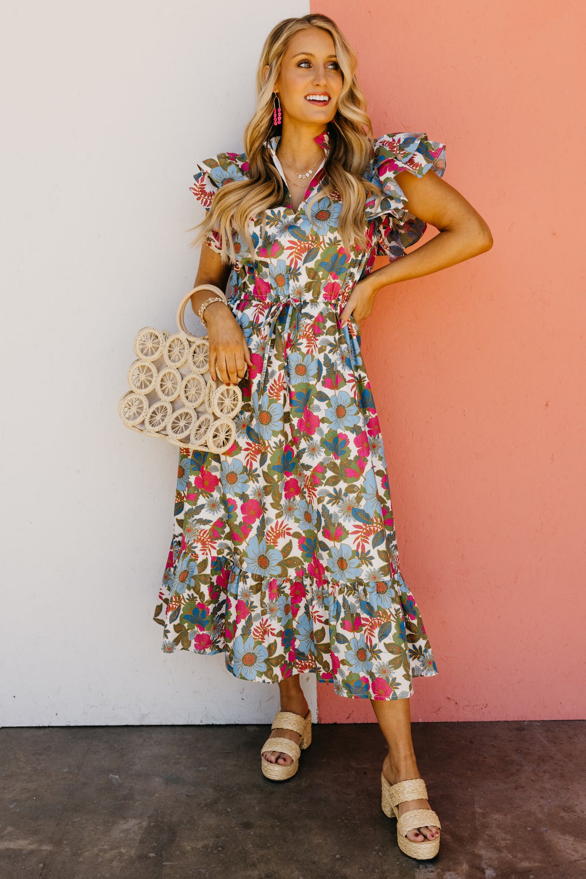 The Avi Floral Ruffle Midi Dress