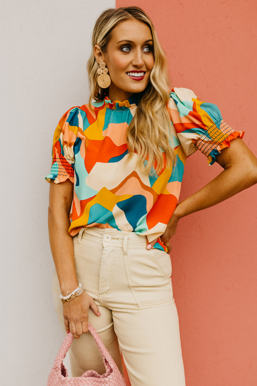 The Paityn Abstract Ruffle Neck Woven Blouse
