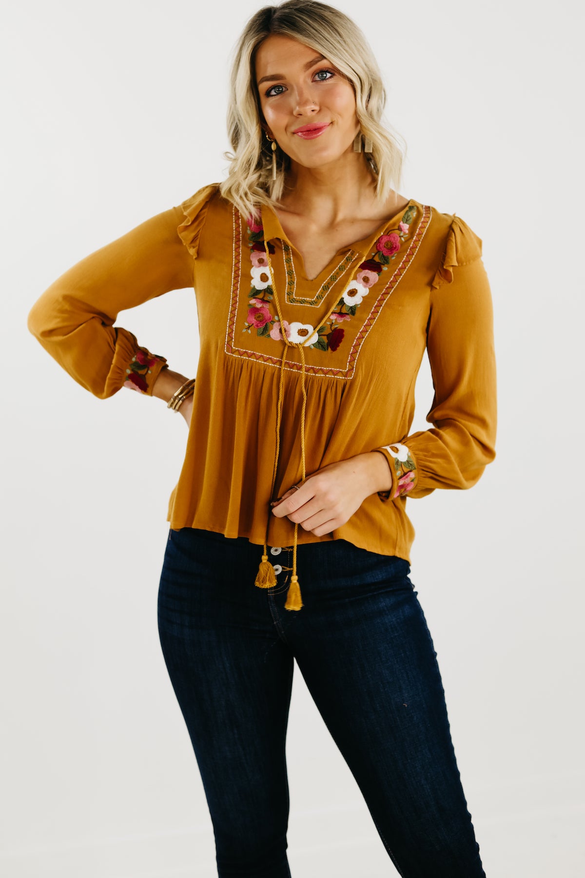 The Rebecca Embroidered Top Mustard MOD Boutique