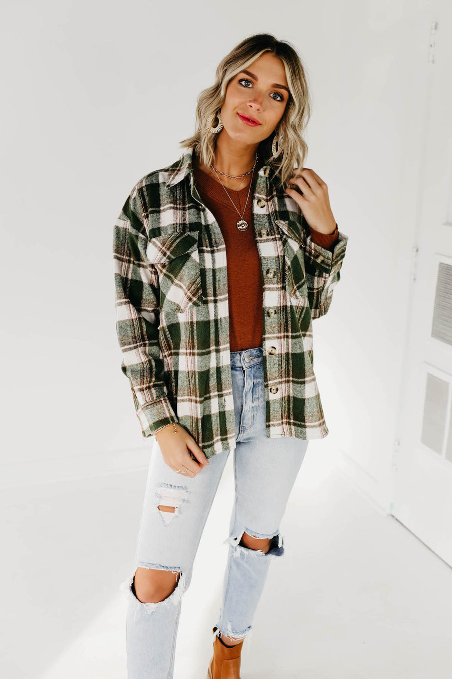 The Charlee Plaid Shacket - Forest