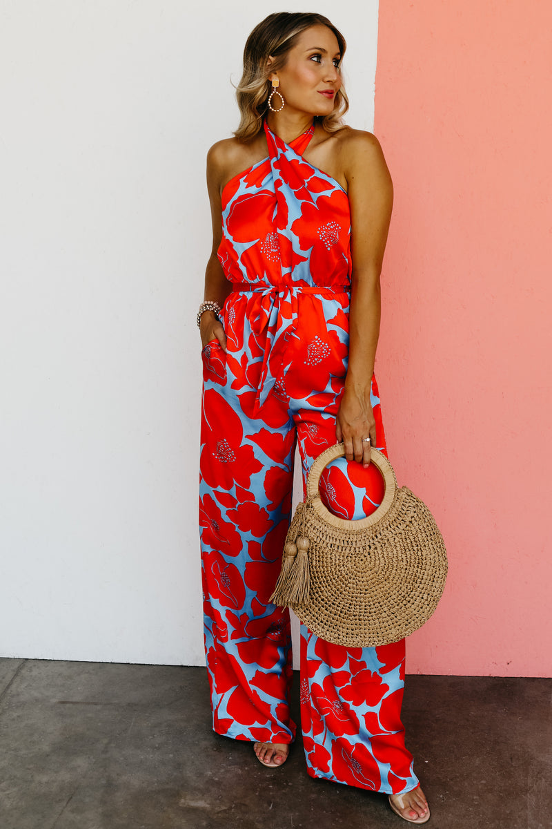 The Raul Floral Satin Halter Jumpsuit