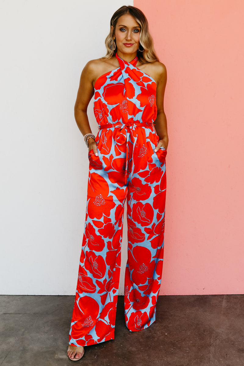 The Raul Floral Satin Halter Jumpsuit