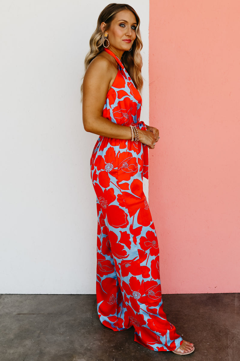 The Raul Floral Satin Halter Jumpsuit