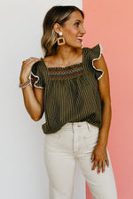 The Riven Striped Embroidered Ruffle Top