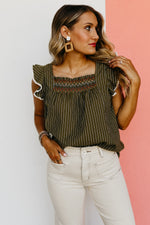 The Riven Striped Embroidered Ruffle Top