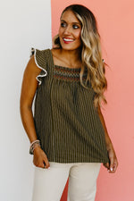 The Riven Striped Embroidered Ruffle Top