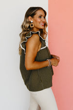 The Riven Striped Embroidered Ruffle Top