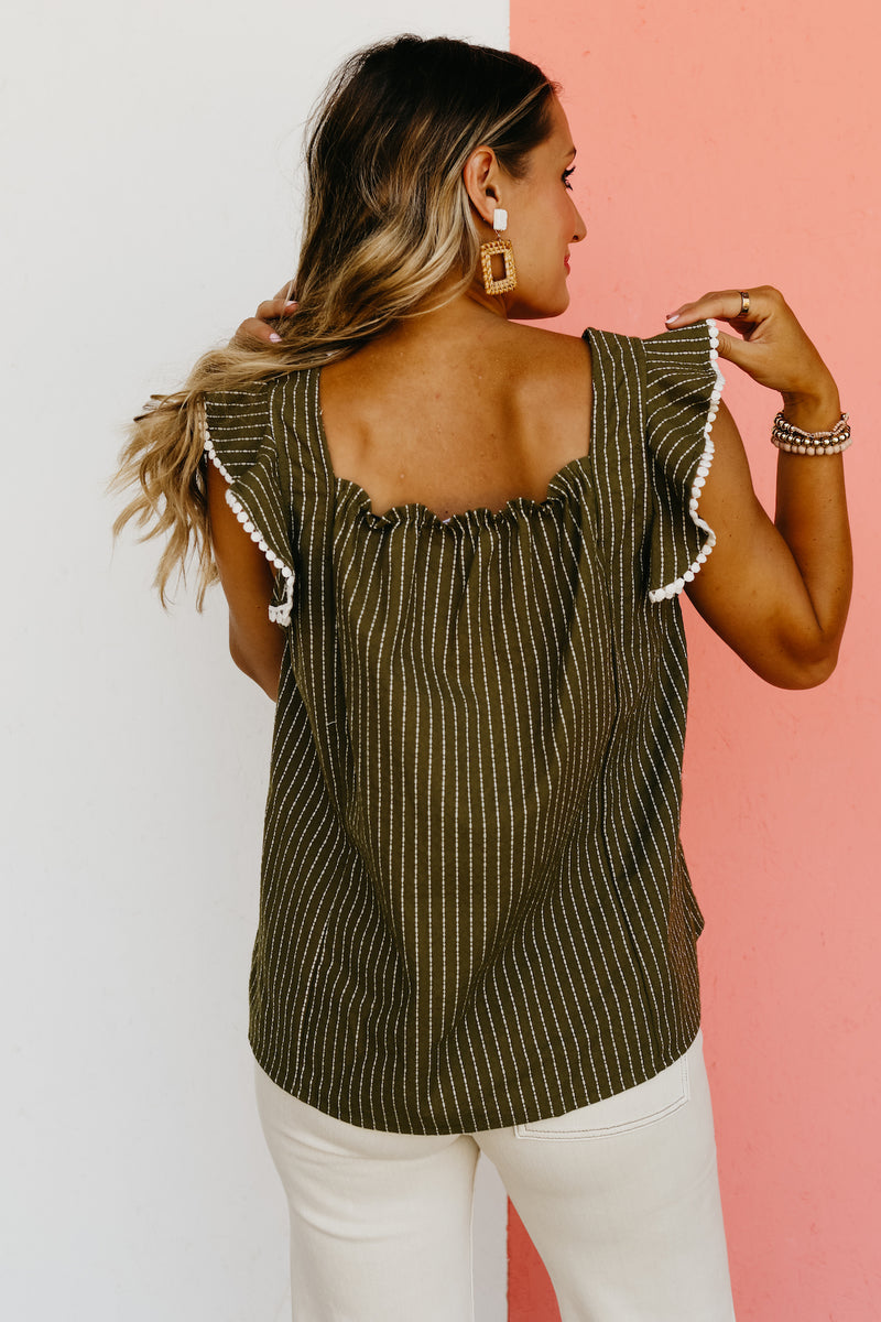 The Riven Striped Embroidered Ruffle Top