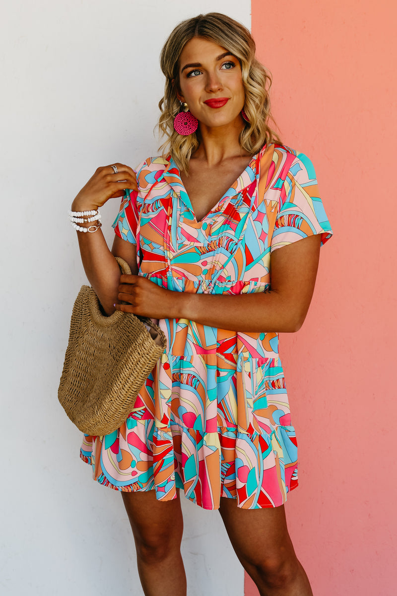 The Cadee Abstract Geo Print Tassel Tie Mini Dress - FINAL SALE