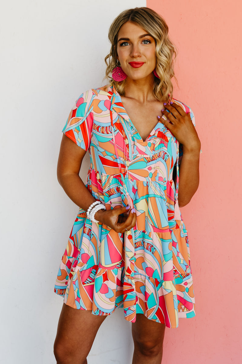 The Cadee Abstract Geo Print Tassel Tie Mini Dress - FINAL SALE