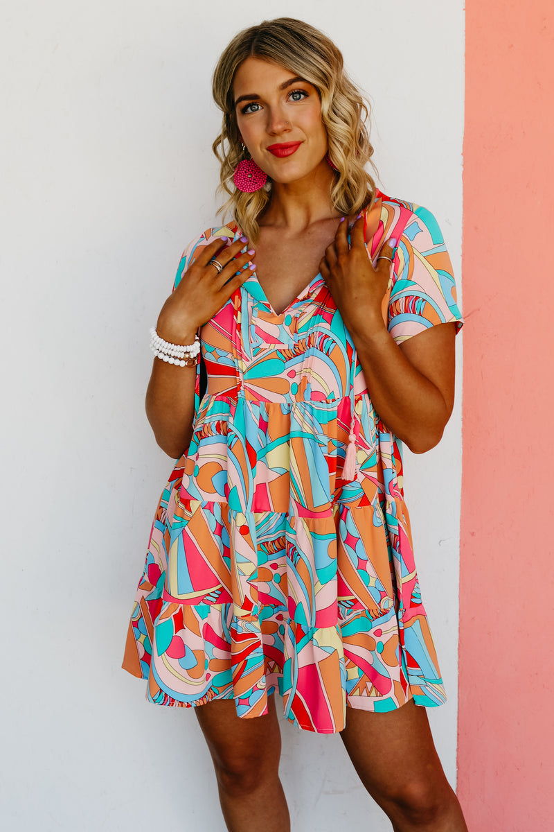 The Cadee Abstract Geo Print Tassel Tie Mini Dress - FINAL SALE