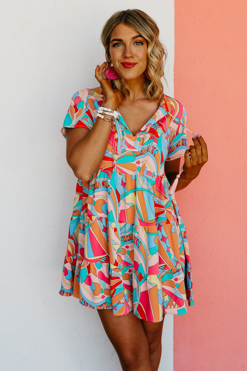 The Cadee Abstract Geo Print Tassel Tie Mini Dress - FINAL SALE