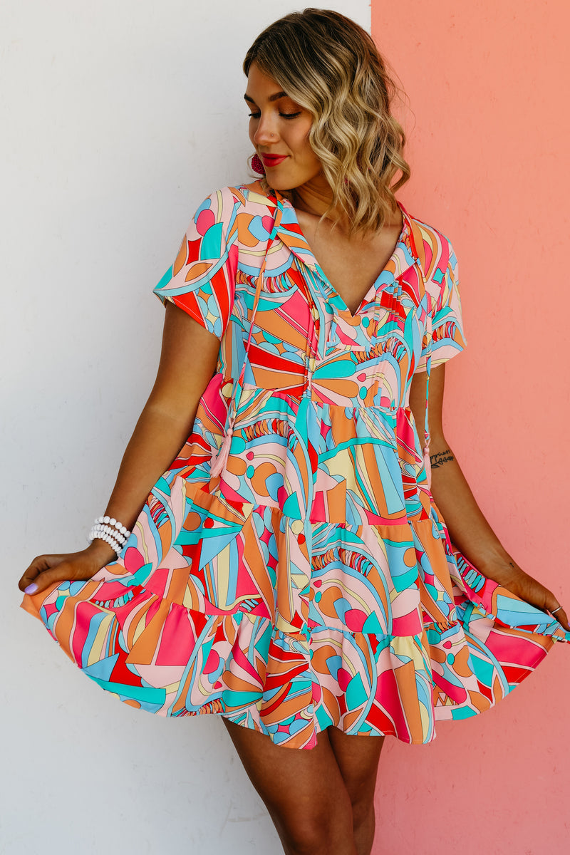 The Cadee Abstract Geo Print Tassel Tie Mini Dress - FINAL SALE