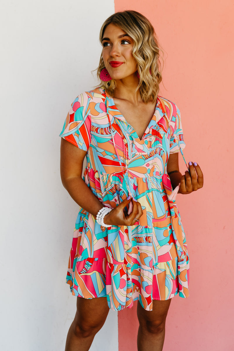 The Cadee Abstract Geo Print Tassel Tie Mini Dress - FINAL SALE