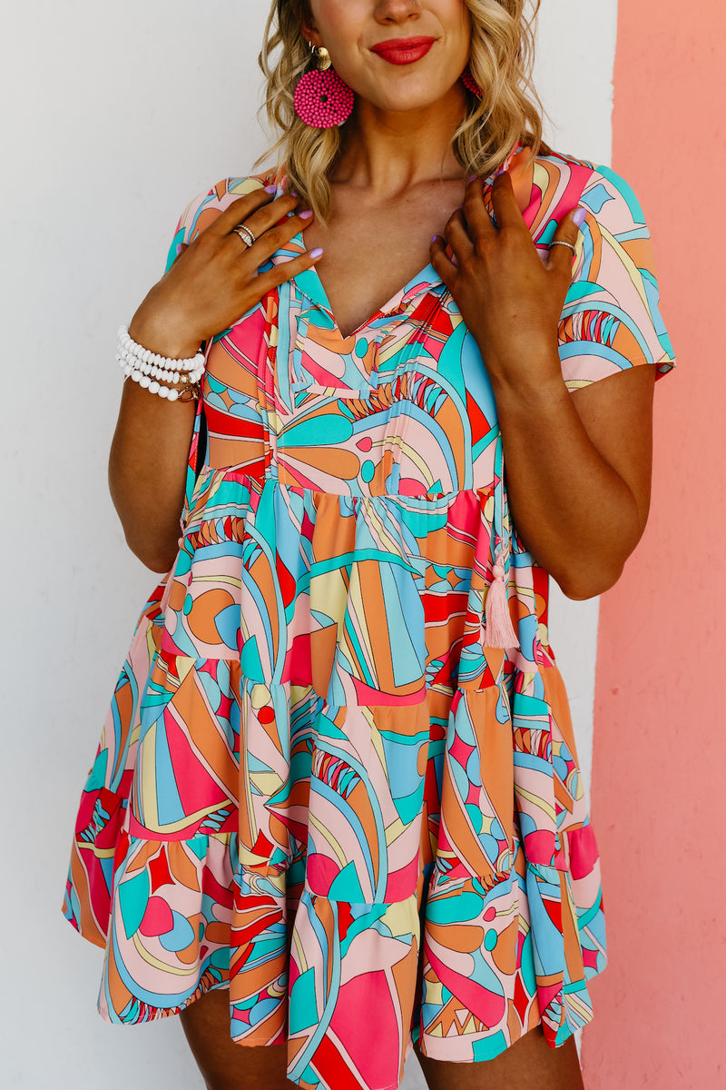 The Cadee Abstract Geo Print Tassel Tie Mini Dress - FINAL SALE