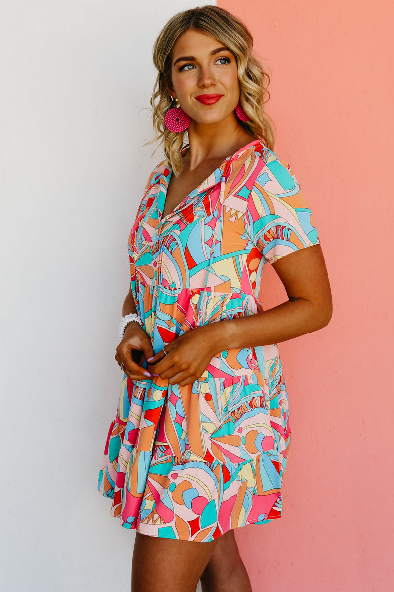 The Cadee Abstract Geo Print Tassel Tie Mini Dress - FINAL SALE