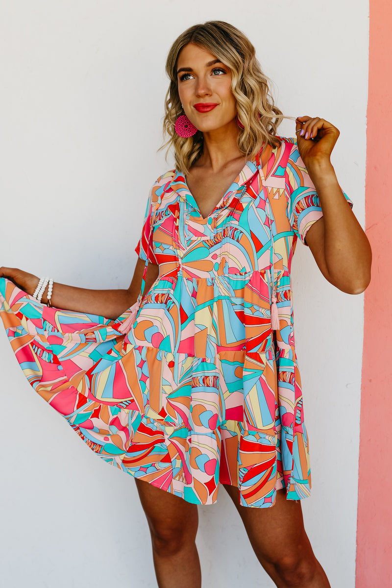 The Cadee Abstract Geo Print Tassel Tie Mini Dress - FINAL SALE