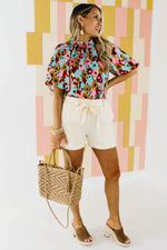 The Mikayla Puff Button Back Watercolor Print Blouse - FINAL SALE