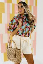 The Mikayla Puff Button Back Watercolor Print Blouse - FINAL SALE
