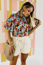 The Mikayla Puff Button Back Watercolor Print Blouse - FINAL SALE