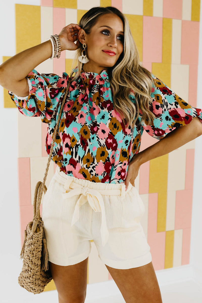 The Mikayla Puff Button Back Watercolor Print Blouse - FINAL SALE