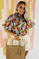 The Mikayla Puff Button Back Watercolor Print Blouse - FINAL SALE