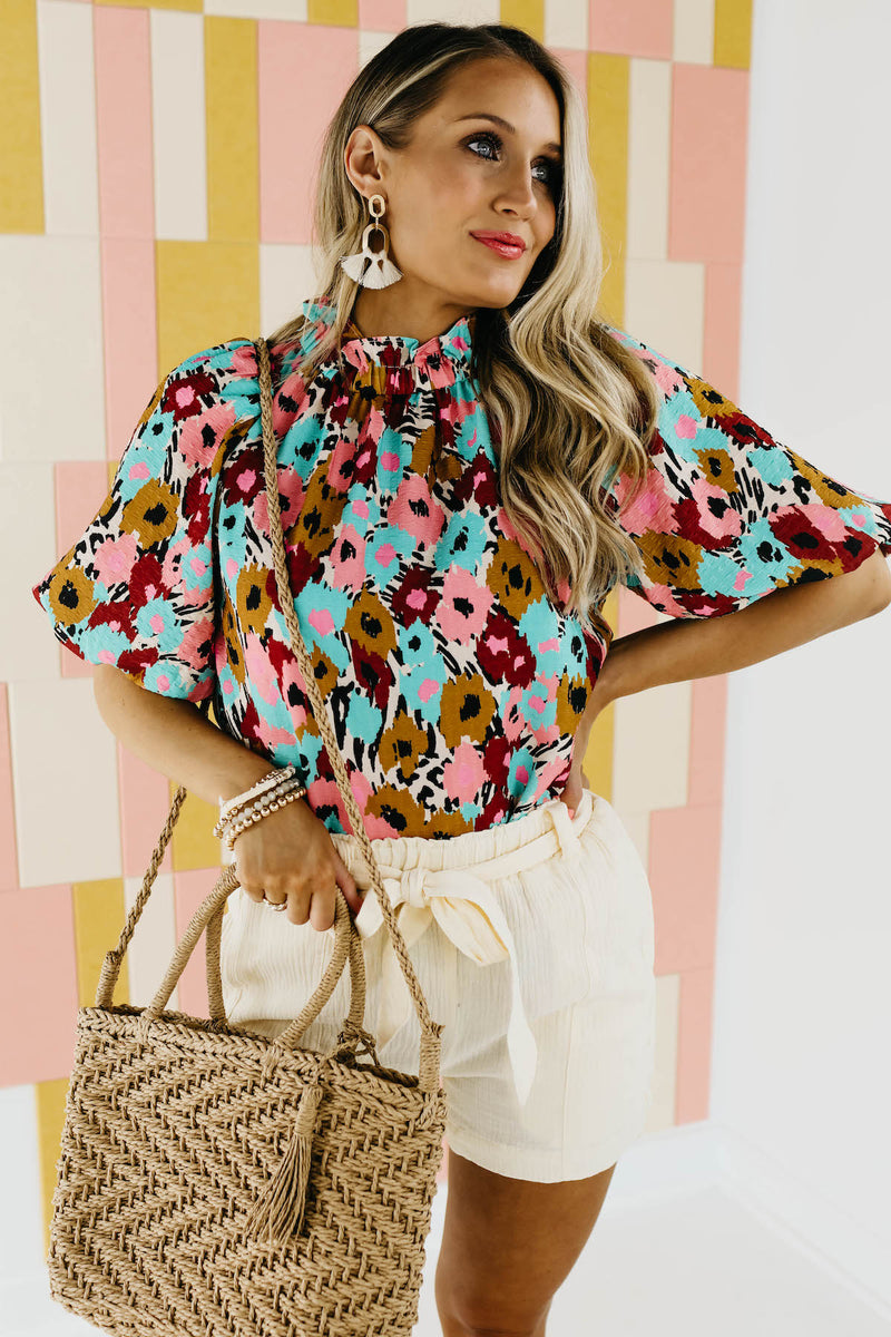 The Mikayla Puff Button Back Watercolor Print Blouse - FINAL SALE