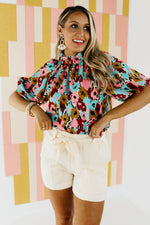 The Mikayla Puff Button Back Watercolor Print Blouse - FINAL SALE