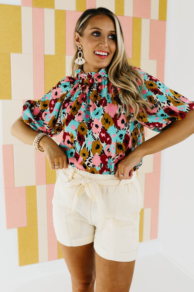 The Mikayla Puff Button Back Watercolor Print Blouse - FINAL SALE